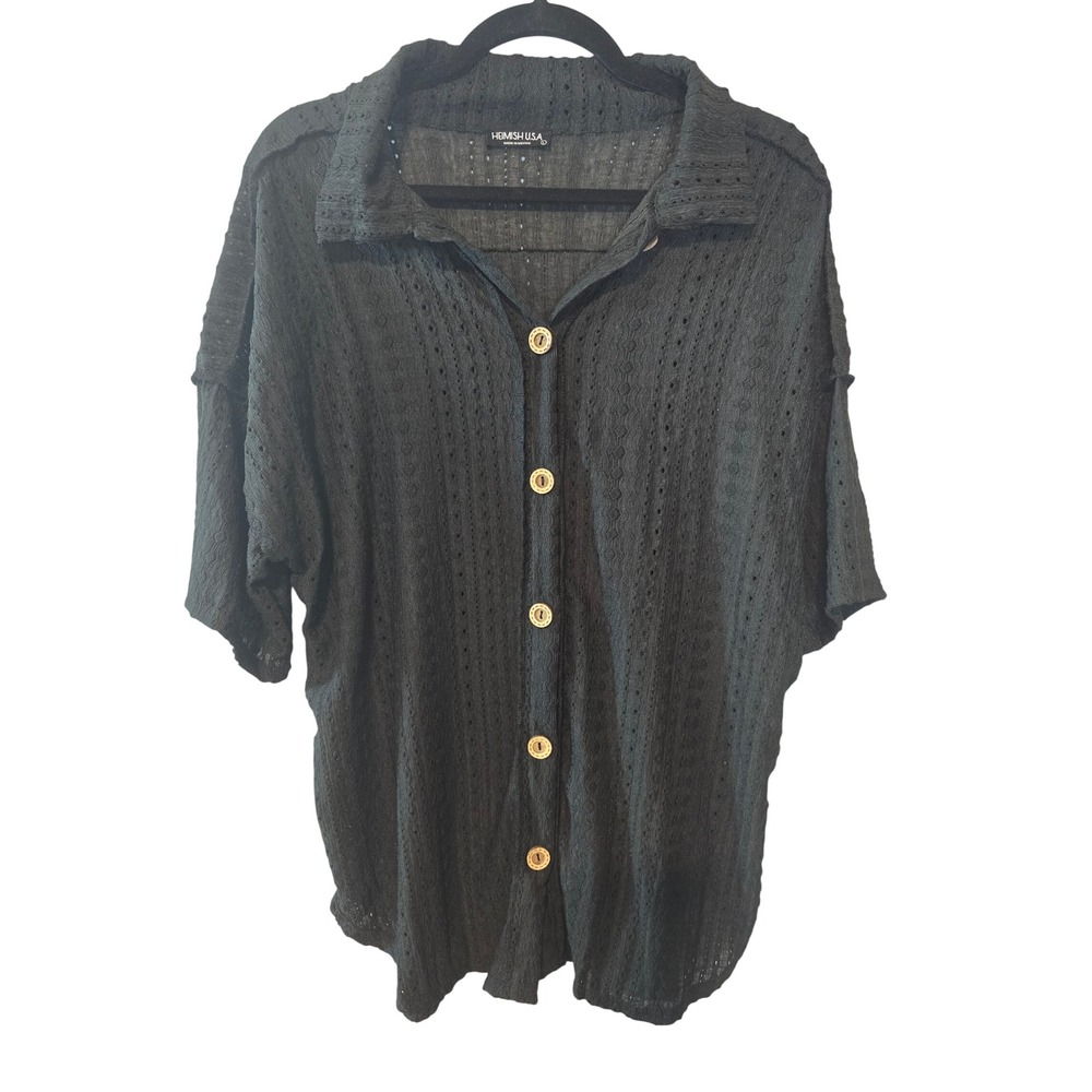 Heimish USA Womens Pointelle Knit Button Down Shirt Black Large ET8040-10 NWOT